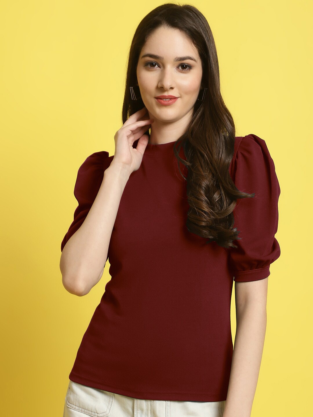 

Fabflee High Neck Puff Sleeves Top, Maroon