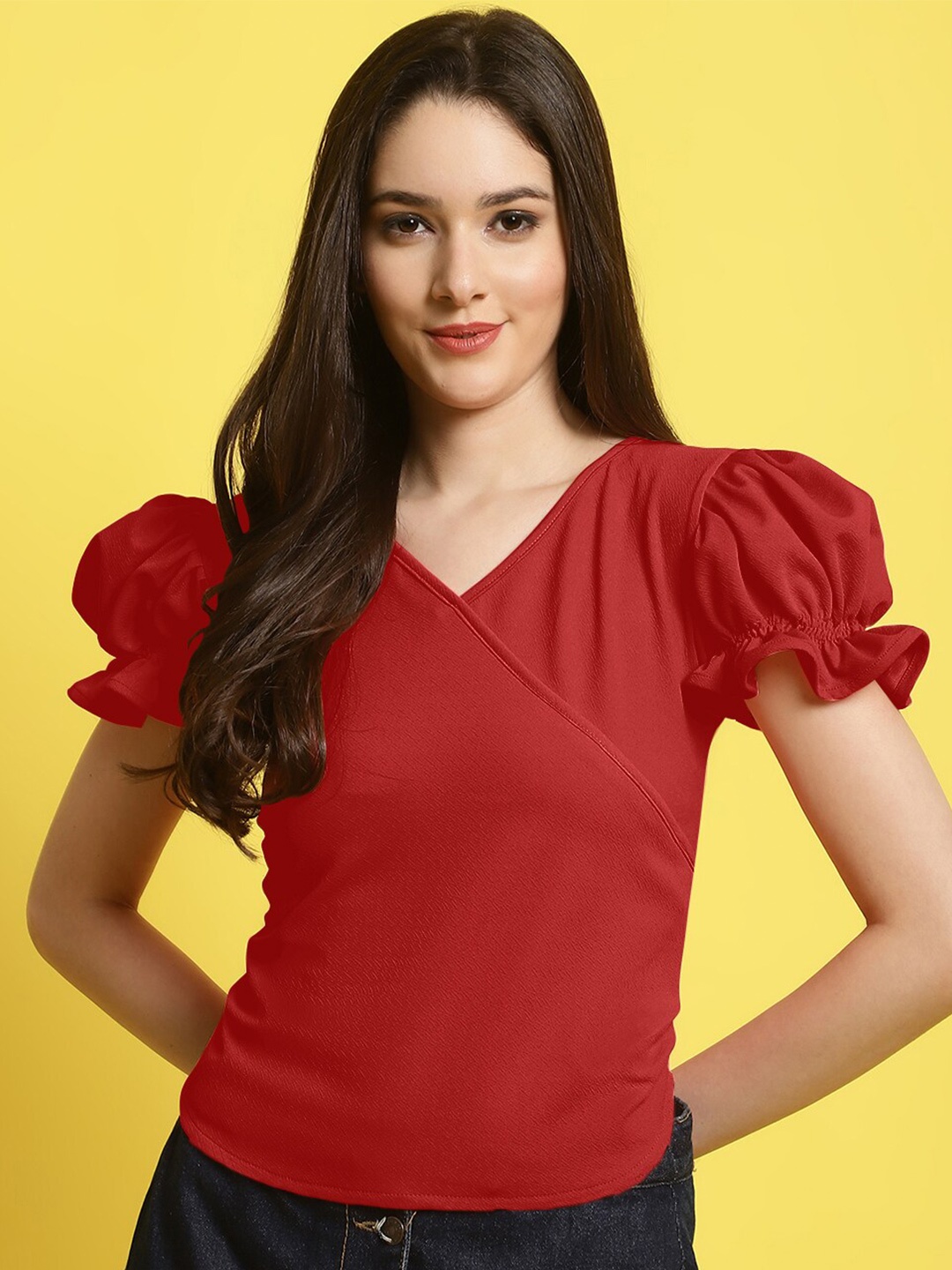 

Fabflee Women V-Neck Puff Sleeve Top, Red