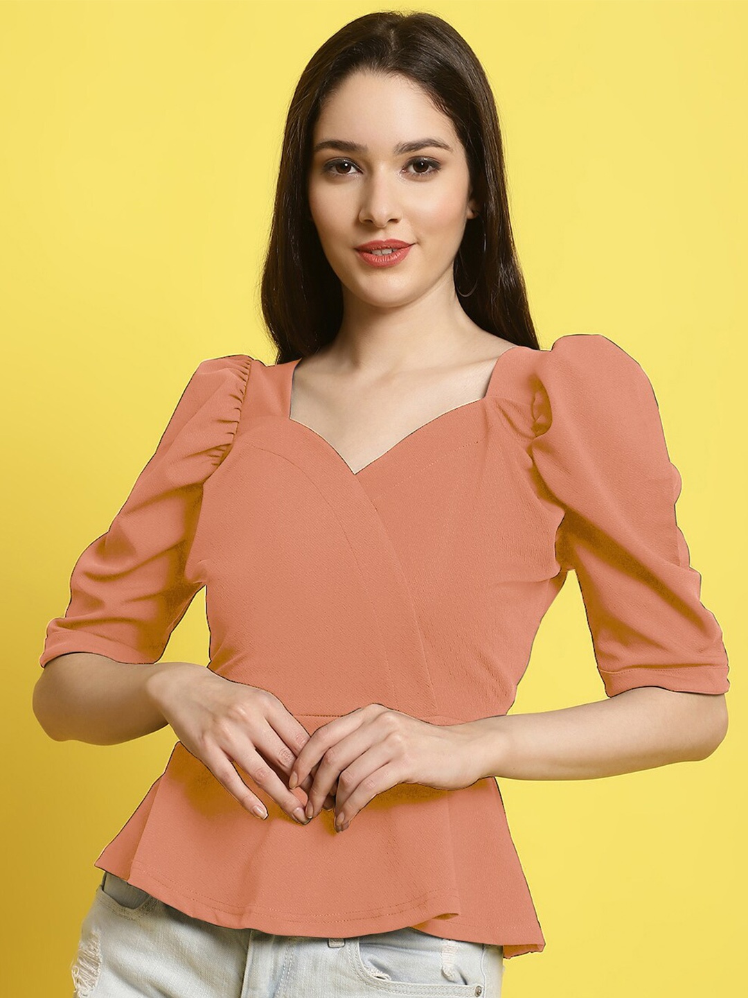 

Fabflee Sweetheart Neck Puff Sleeve Peplum Top, Peach