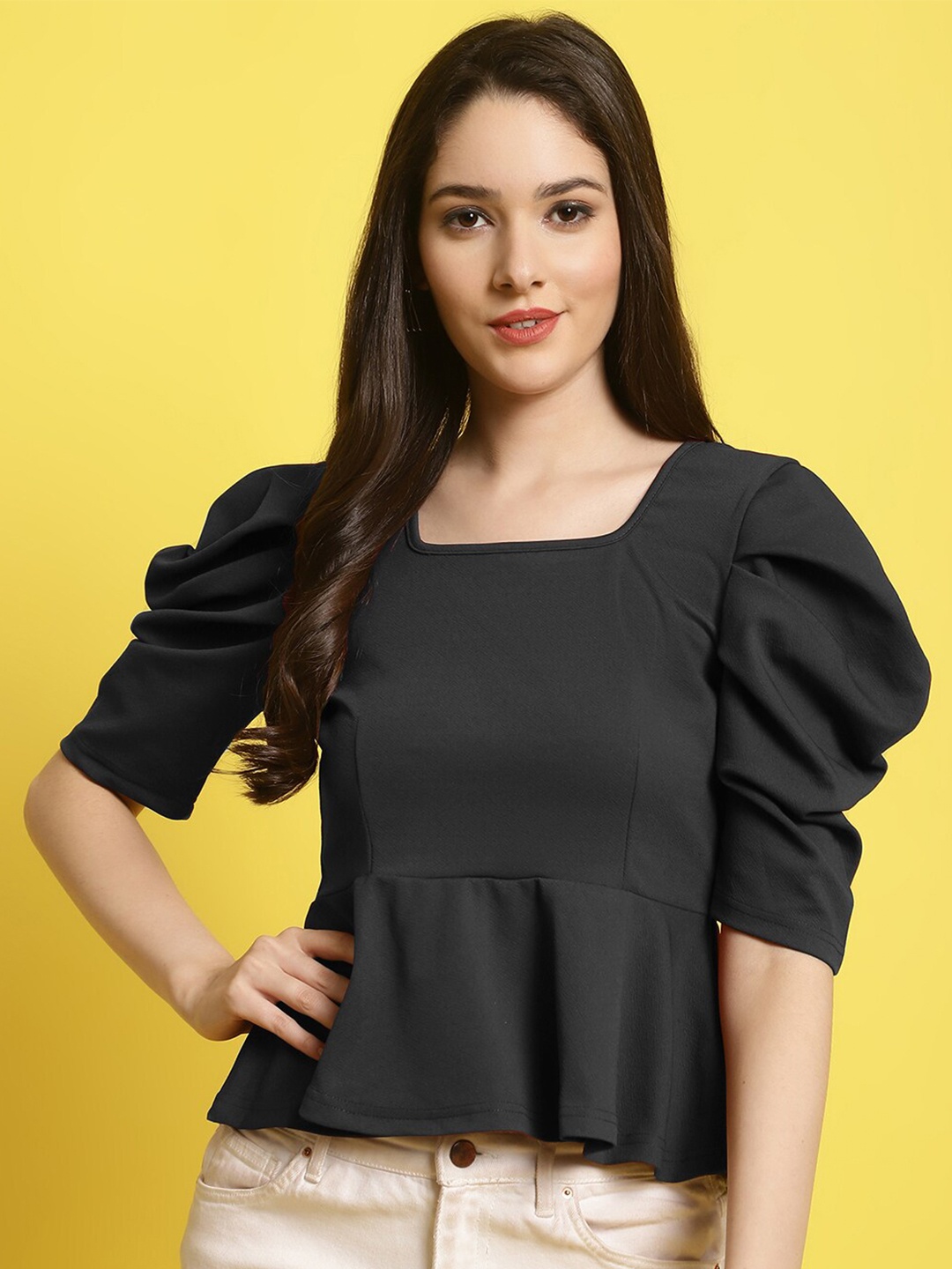 

Fabflee Square Neck Puff Sleeve Peplum Top, Black