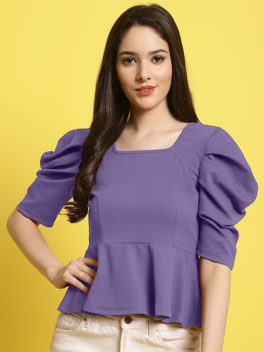 

Fabflee Women Square Neck Puff Sleeves Peplum Top, Lavender