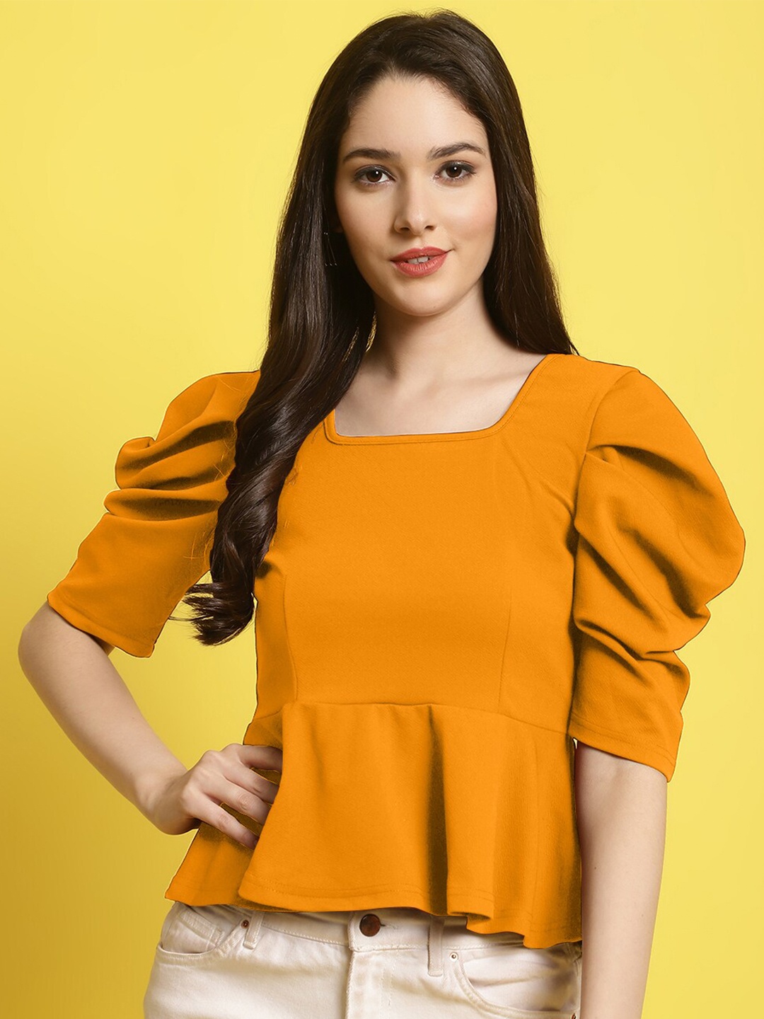 

Fabflee Women Casual Puff Sleeve Regular Fit Square Neck Top, Yellow