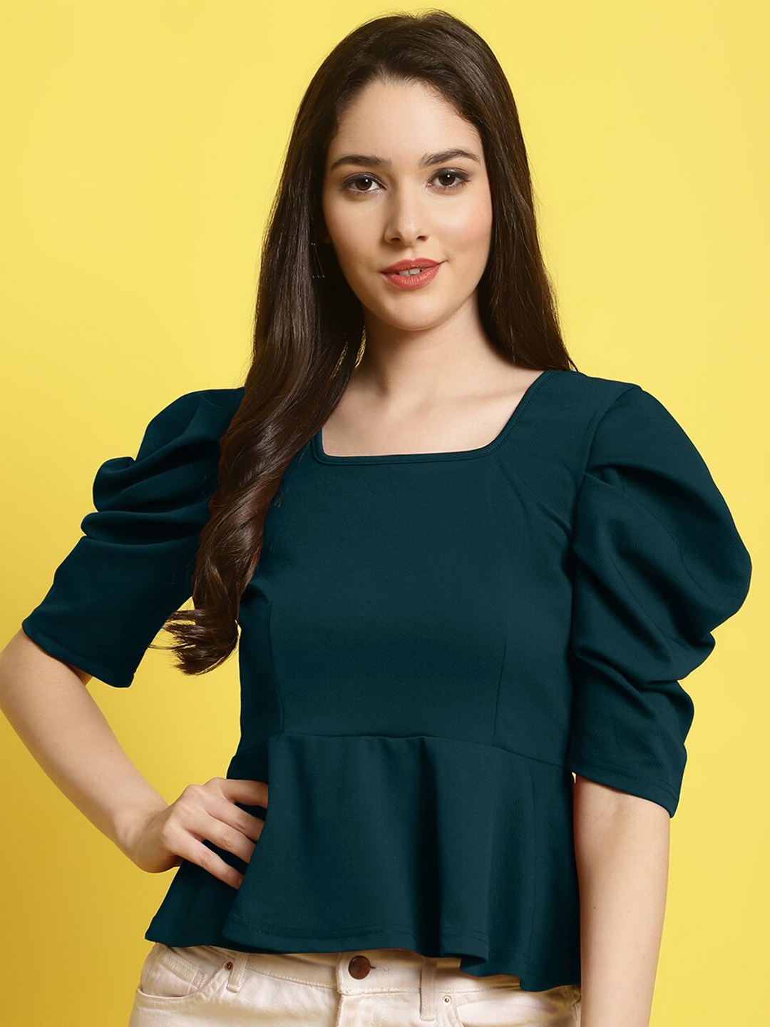 

Fabflee Women Puff Sleeve Square Neck Peplum Top, Green