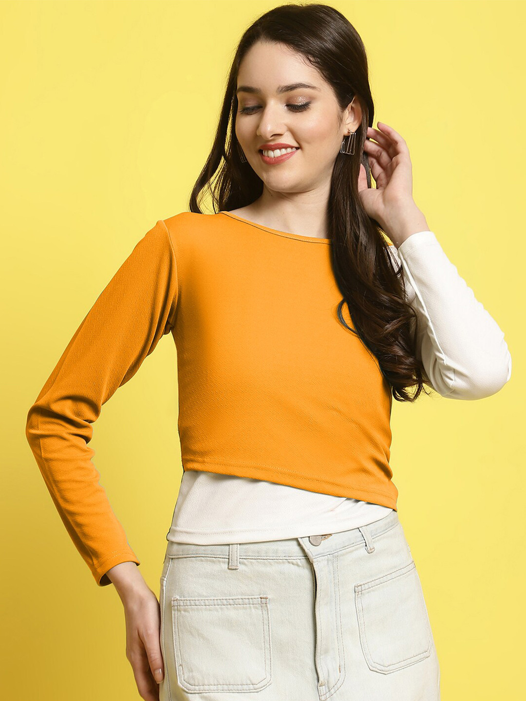 

Fabflee Women Colourblocked Cut Out Detail Round Neck Long Sleeves Top, Yellow