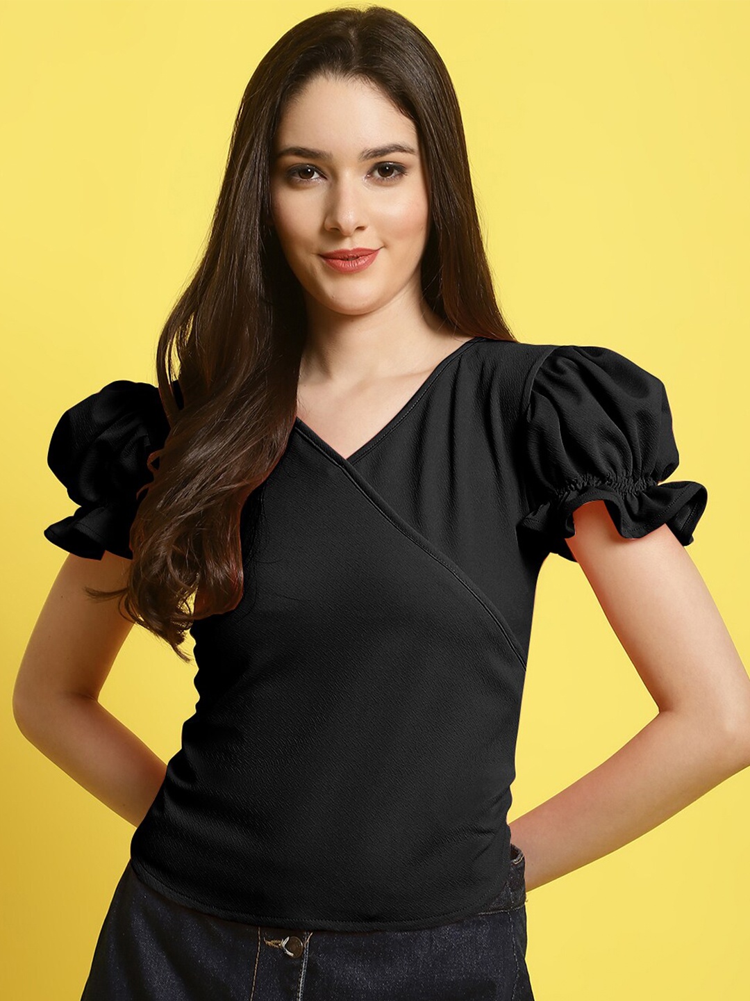 

Fabflee V-Neck Puff Sleeves Top, Black