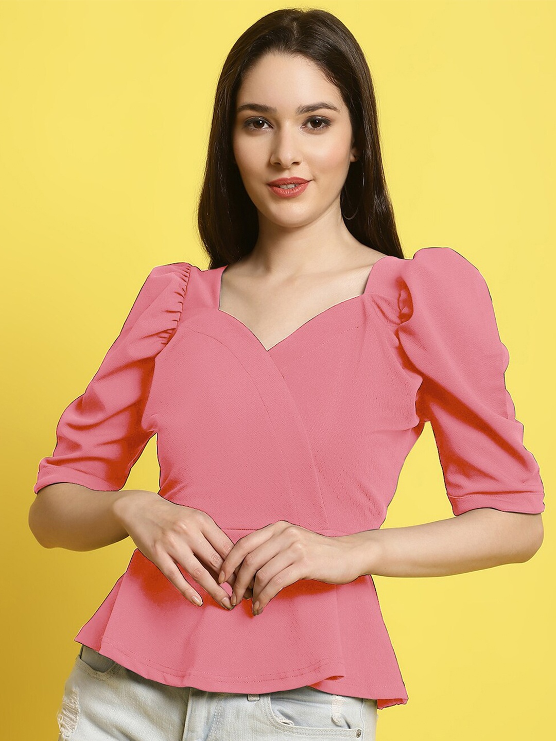 

Fabflee Sweetheart Neck Puff Sleeves Gathered Peplum Top, Pink