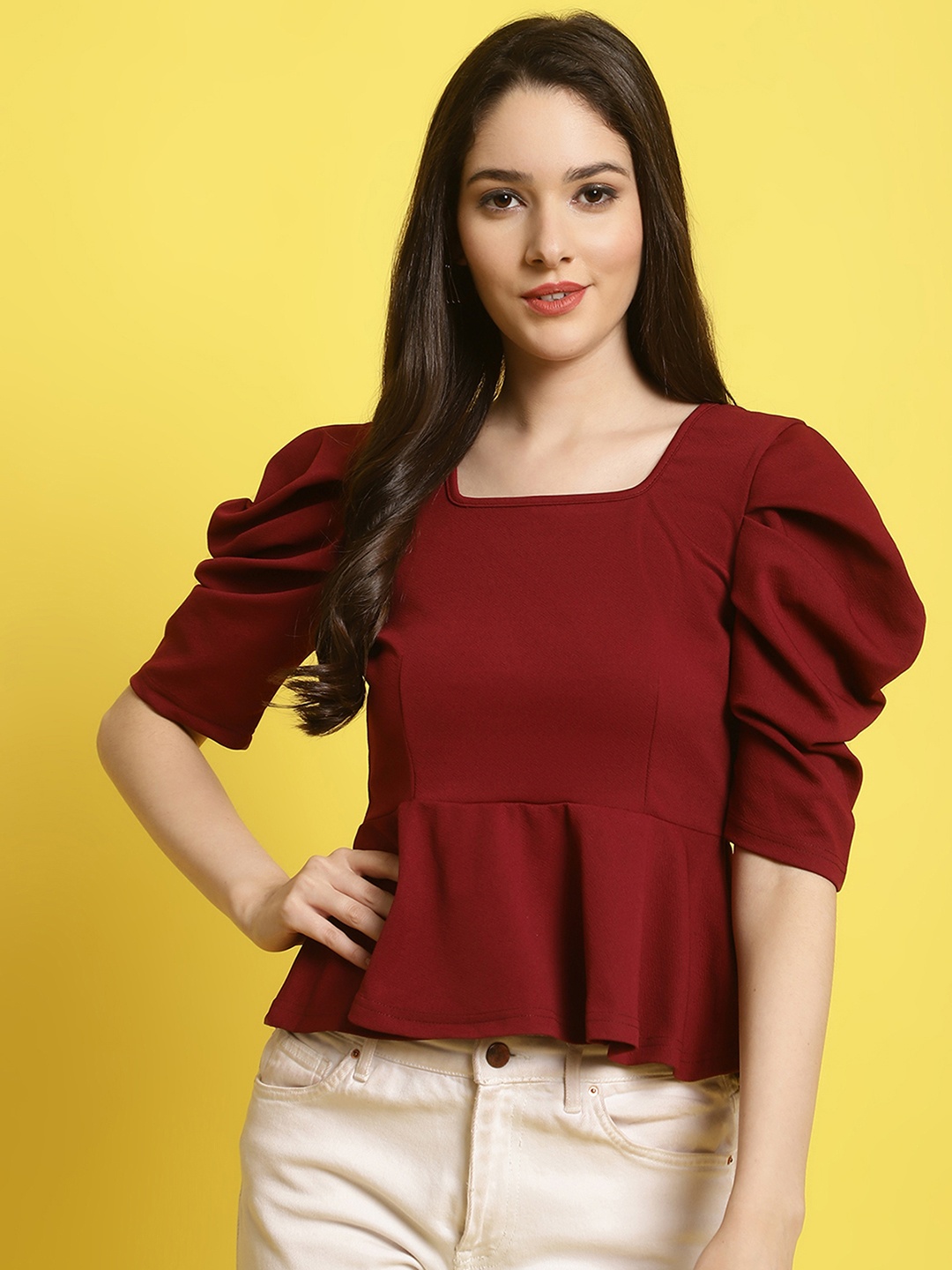 

Fabflee Women Casual Puff Sleeve Square Neck Top, Maroon