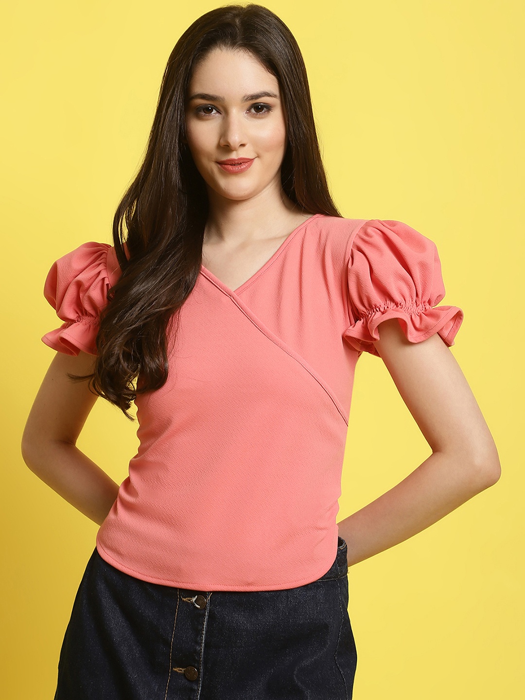 

Fabflee Women V-Neck Puff Sleeve Peplum Polyester Top, Pink