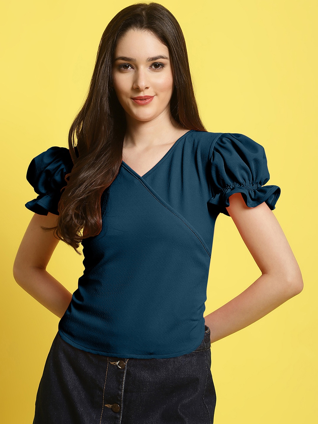 

Fabflee Women V-Neck Puff Sleeve Peplum Top, Navy blue