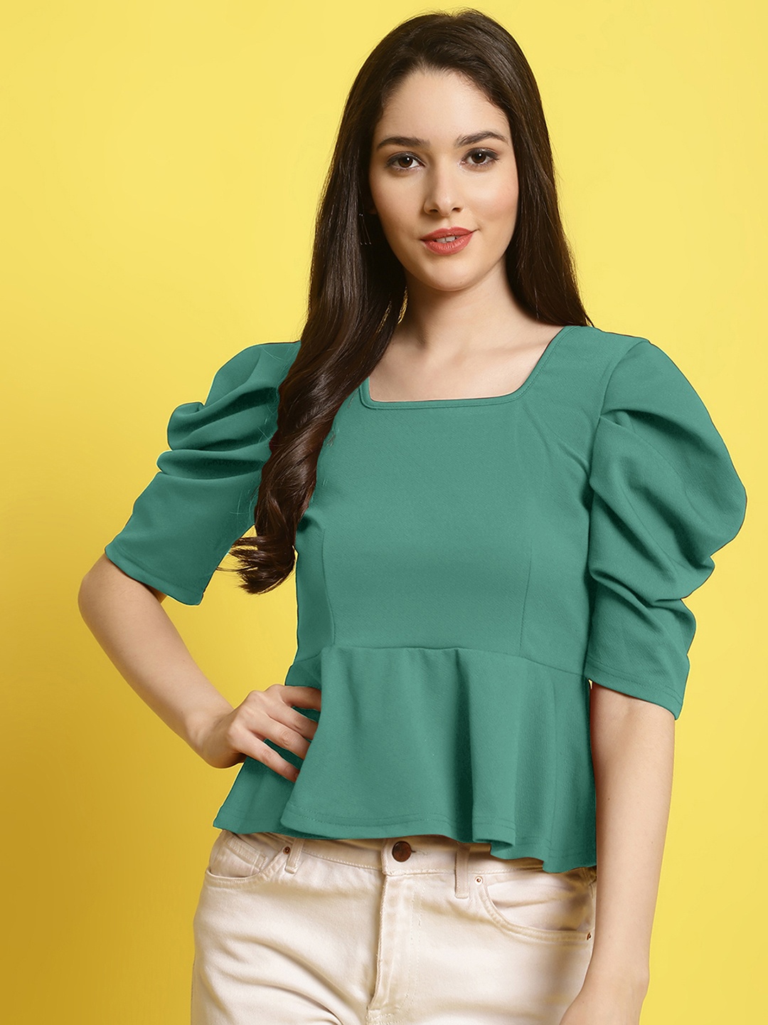 

Fabflee Women Square Neck Casual Puff Sleeve Top, Green