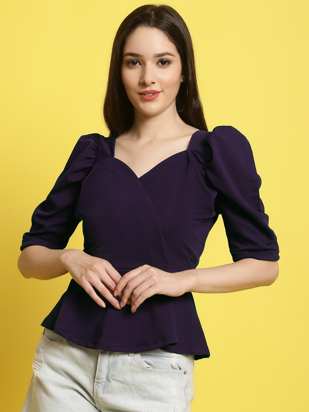 

Fabflee Sweetheart Neck Puff Sleeves Peplum Top, Purple