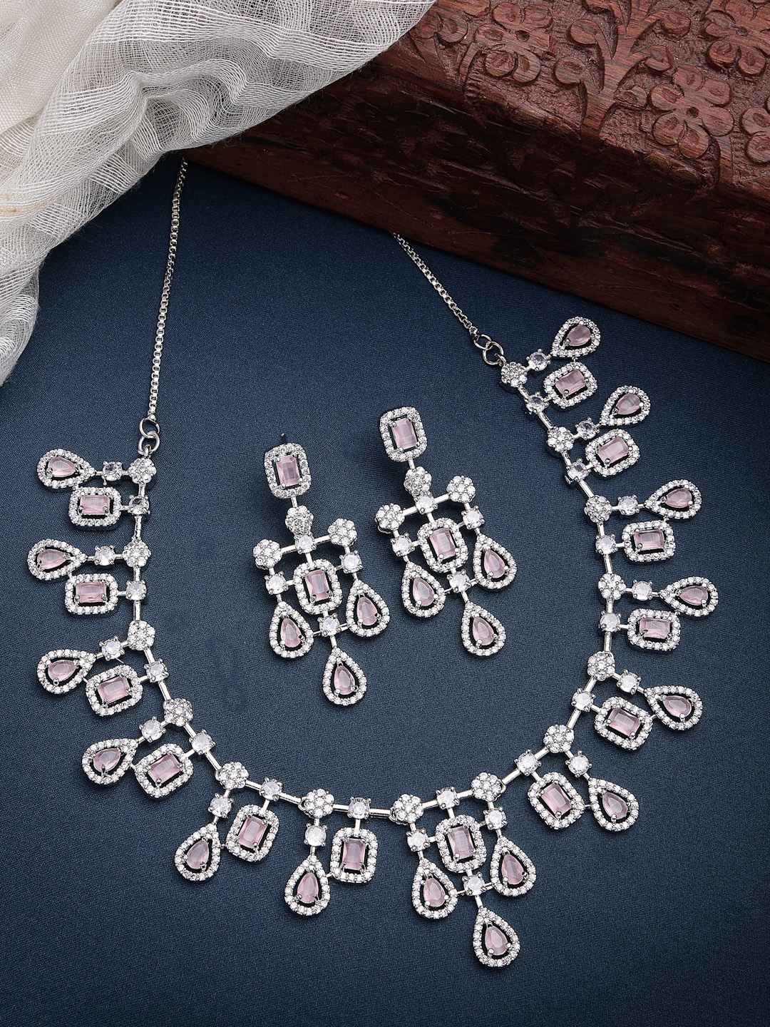

Anouk Rhodium-Plated American Diamond Studded Necklace & Earrings, Silver