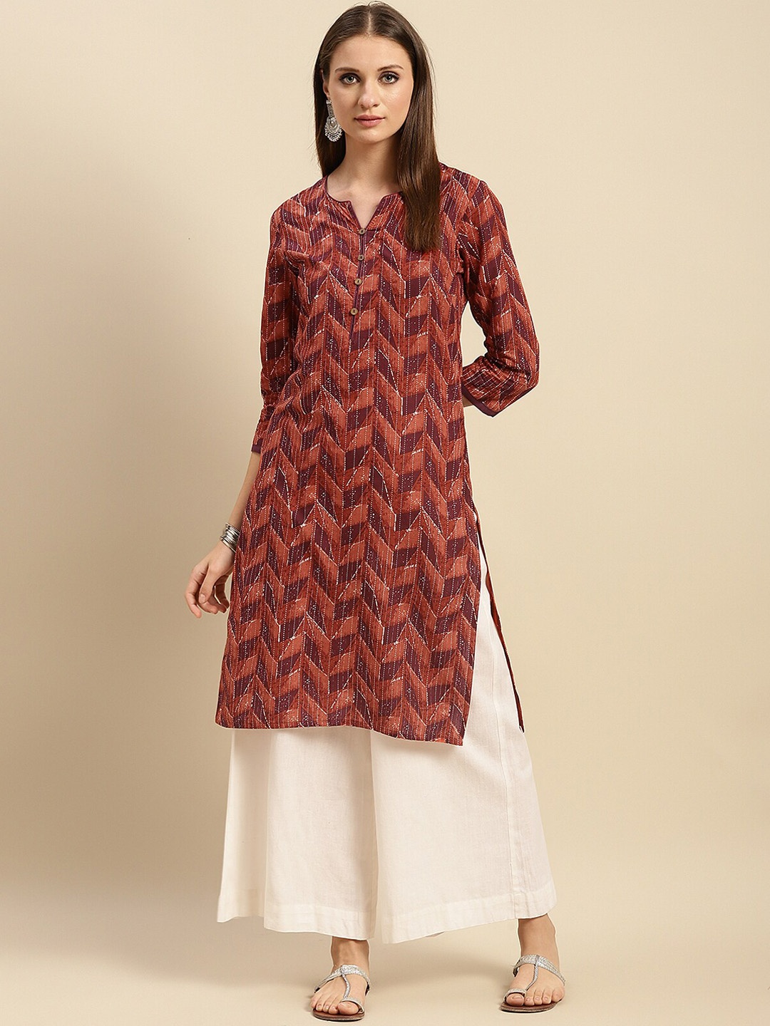 

Rangita Geometric Printed Round Neck Cotton Straight Kurta, Brown