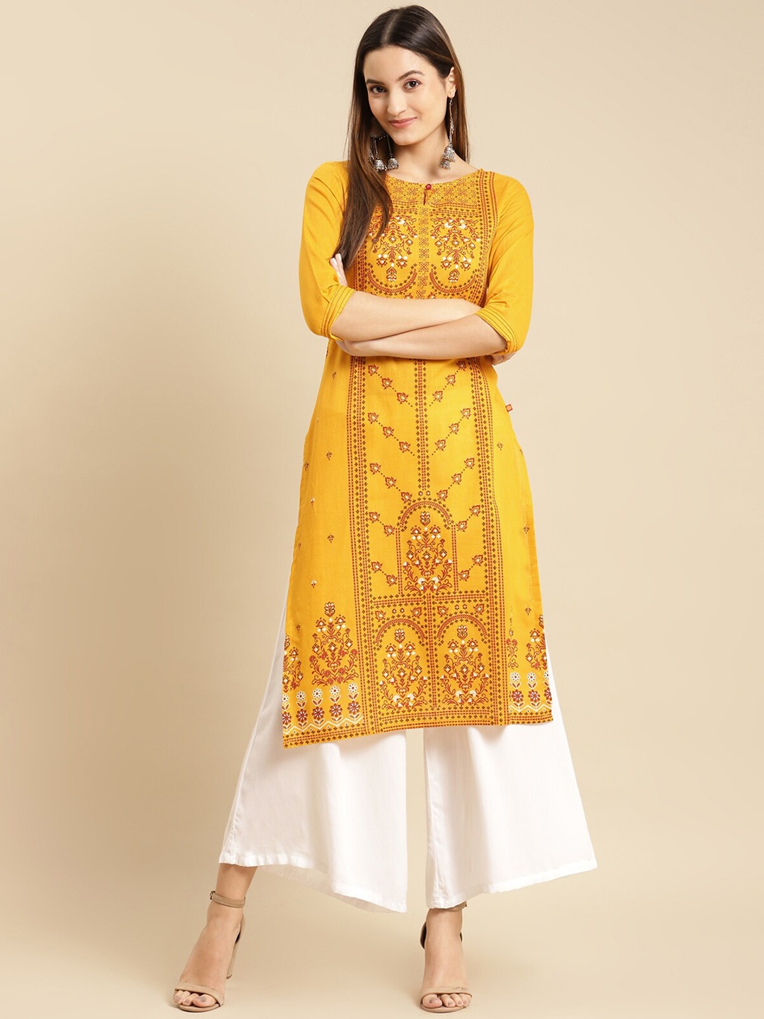 

Rangita Ethnic Motifs Printed Round Neck Cotton Straight Kurta, Mustard