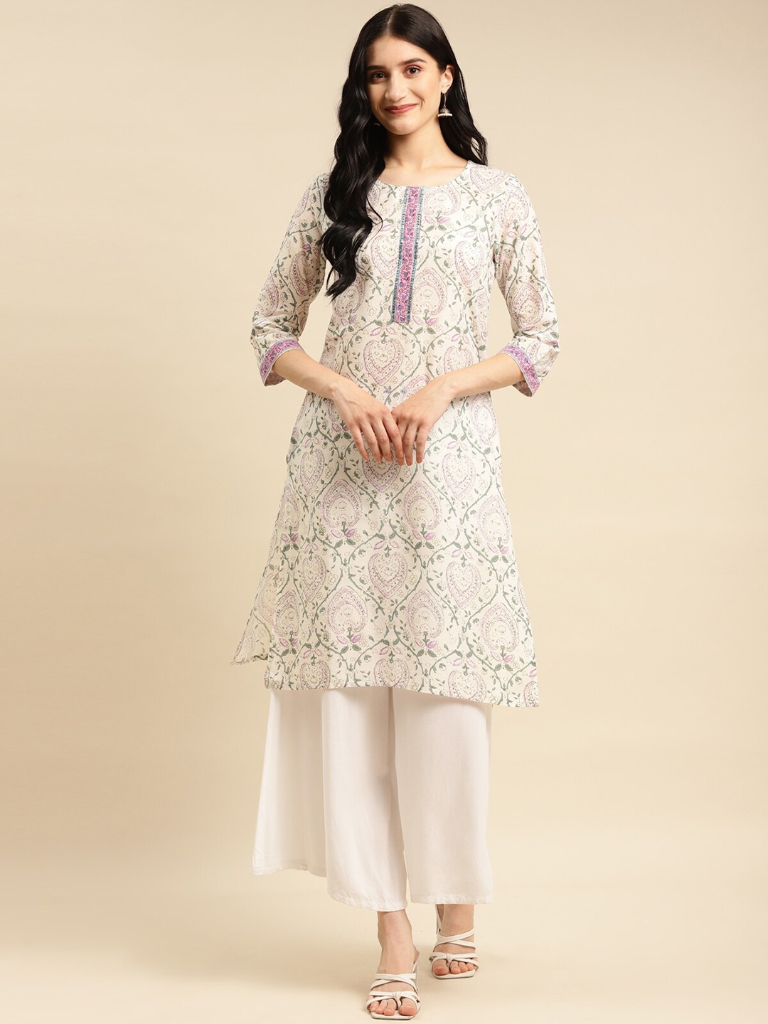 

Rangita Floral Printed Pure Cotton Straight Kurta, Off white