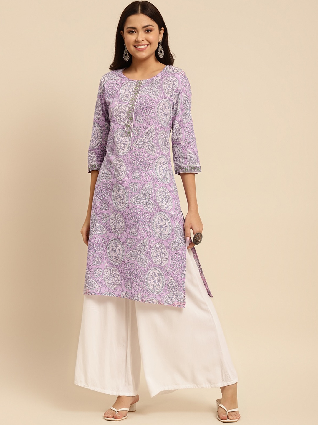 

Rangita Ethnic Motifs Printed Pure Cotton Straight Kurta, Purple