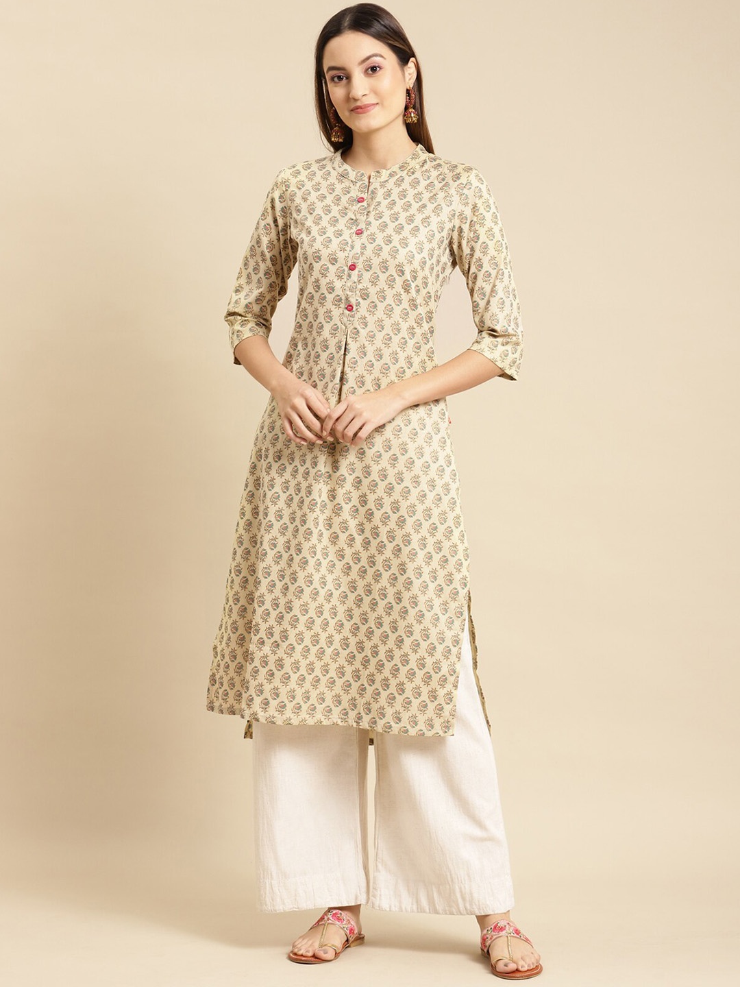 

Rangita Ethnic Motifs Printed Mandarin Collar Straight Kurta, Beige