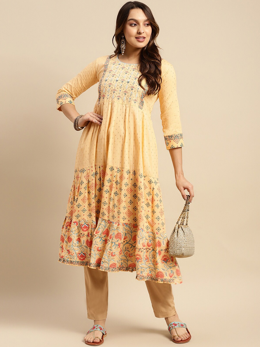 

Rangita Ethnic Motifs Woven Design and Yoke Embroidered Pure Cotton Anarkali Kurta, Beige