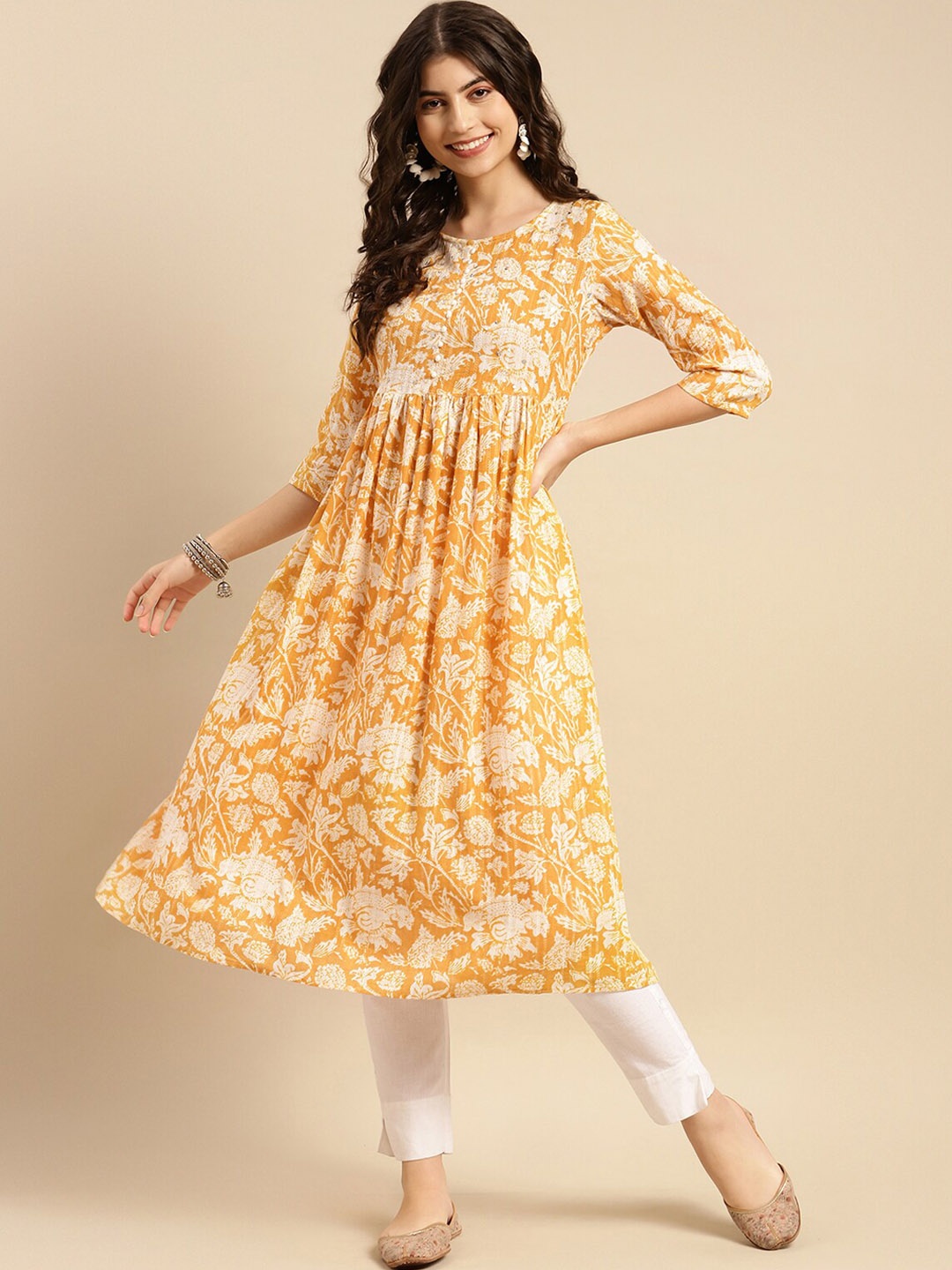 

Rangita Floral Printed Round Neck Cotton Anarkali Kurta, Mustard