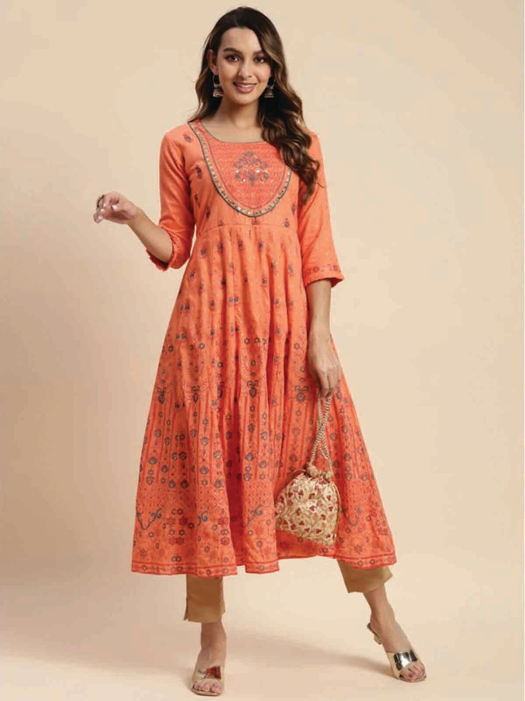 Rangita Floral Printed Yoke Cotton Anarkali Kurta, Orange