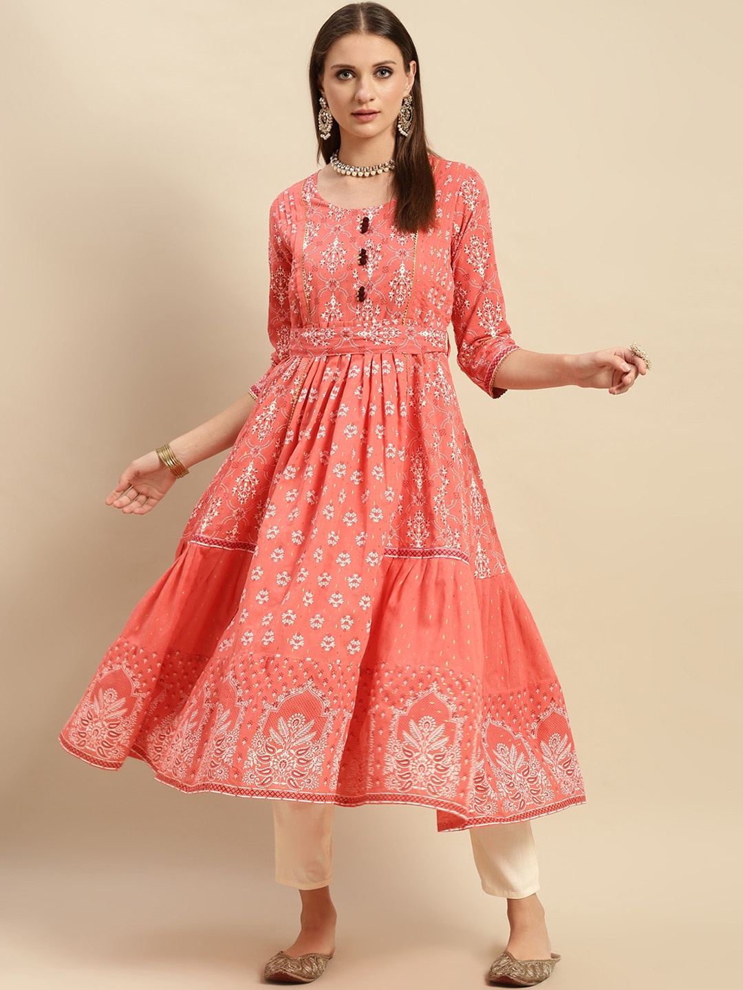 

Rangita Floral Printed Round Neck Tie-Ups Cotton Anarkali Kurta, Coral