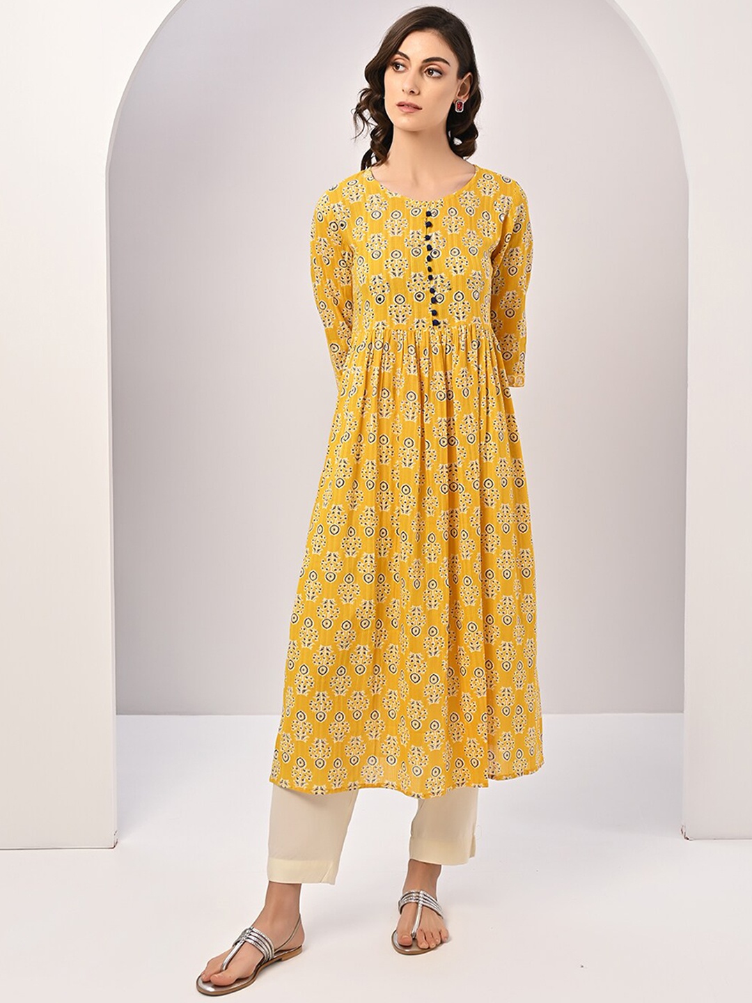 

Rangita Ethnic Motifs Printed Pure Cotton A-Line Kurta, Yellow