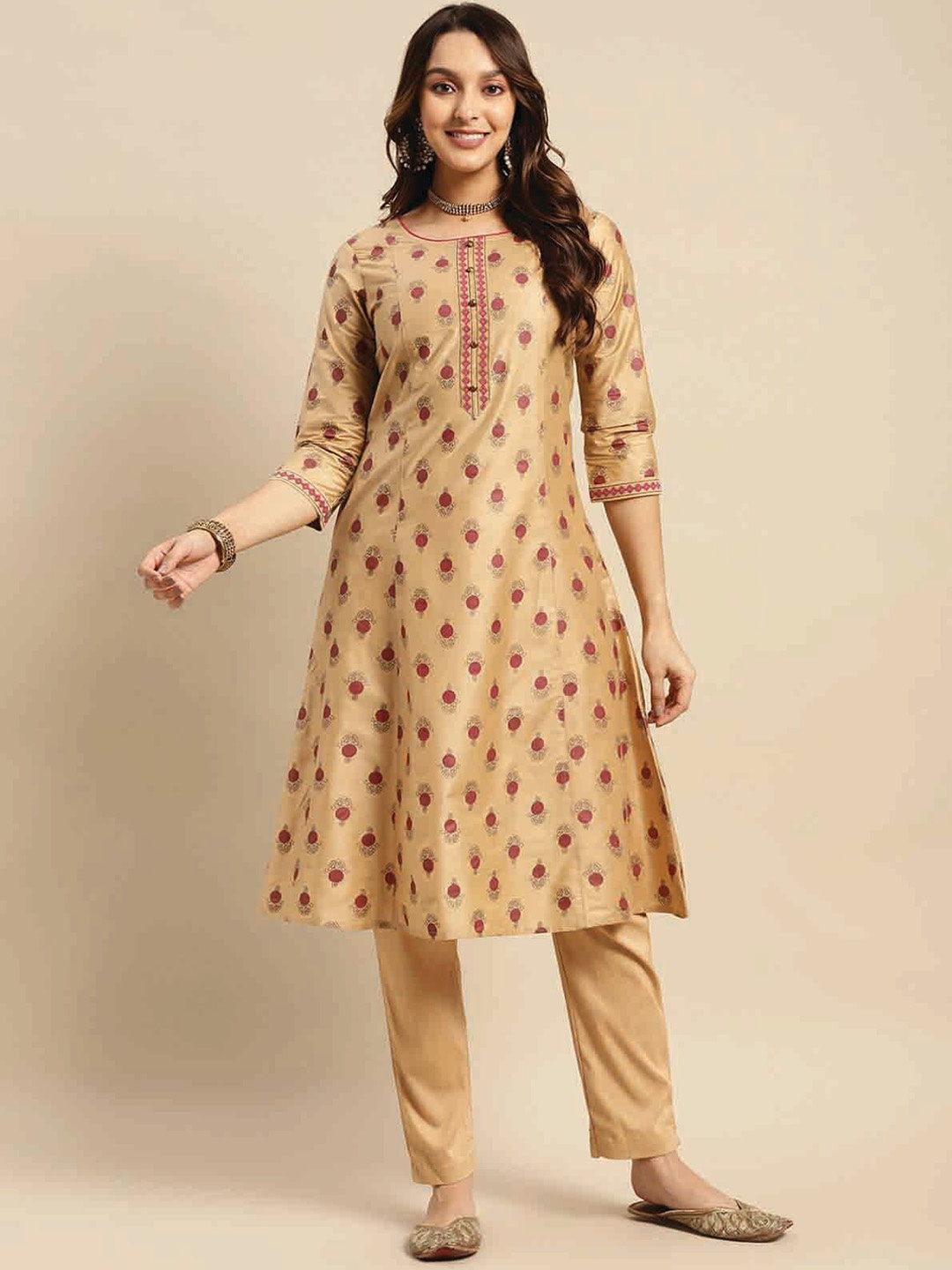 

Rangita Ethnic Motifs Printed A Line Kurta, Beige