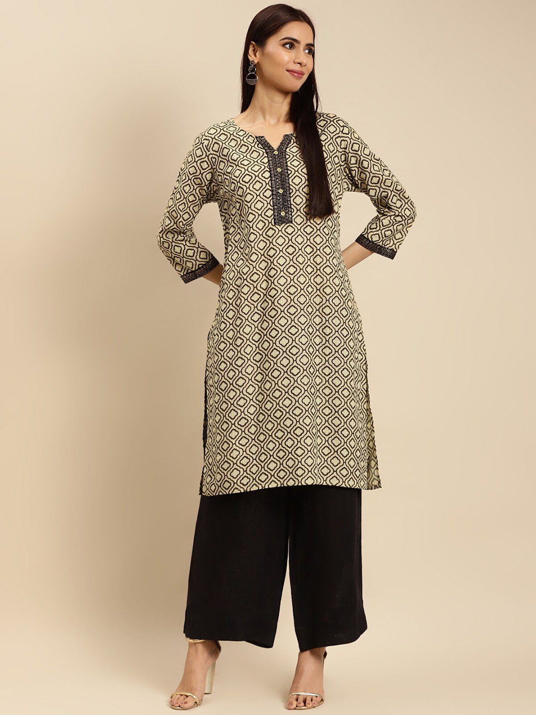 

Rangita Geometric Printed Round Neck Cotton Straight Kurta, Beige