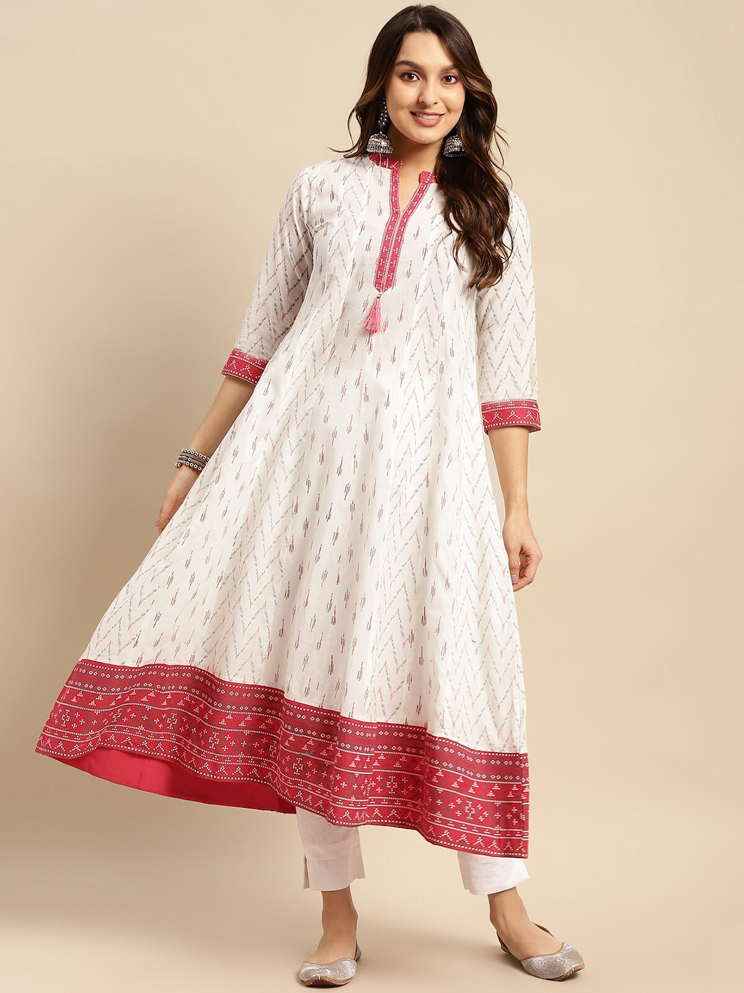 

Rangita Chevron Printed Mandarin Collar Cotton Anarkali Kurta, Off white