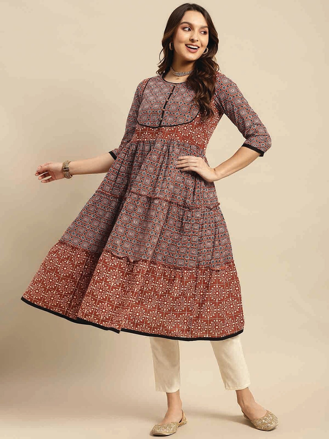

Rangita Ethnic Motifs Printed Pure Cotton Anarkali Kurta, Rust