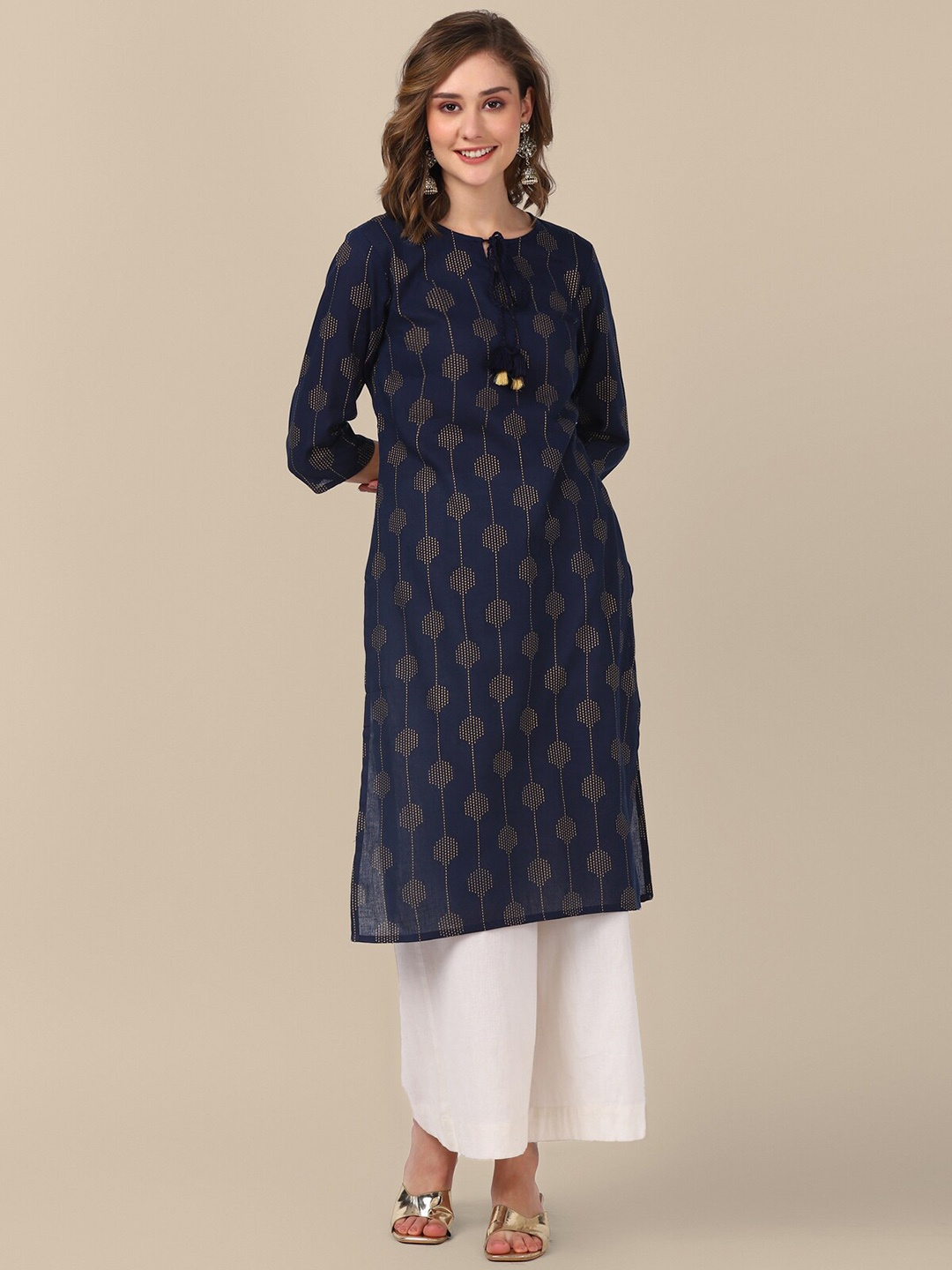 

Rangita Geometric Printed Round Neck Cotton Straight Kurta, Navy blue