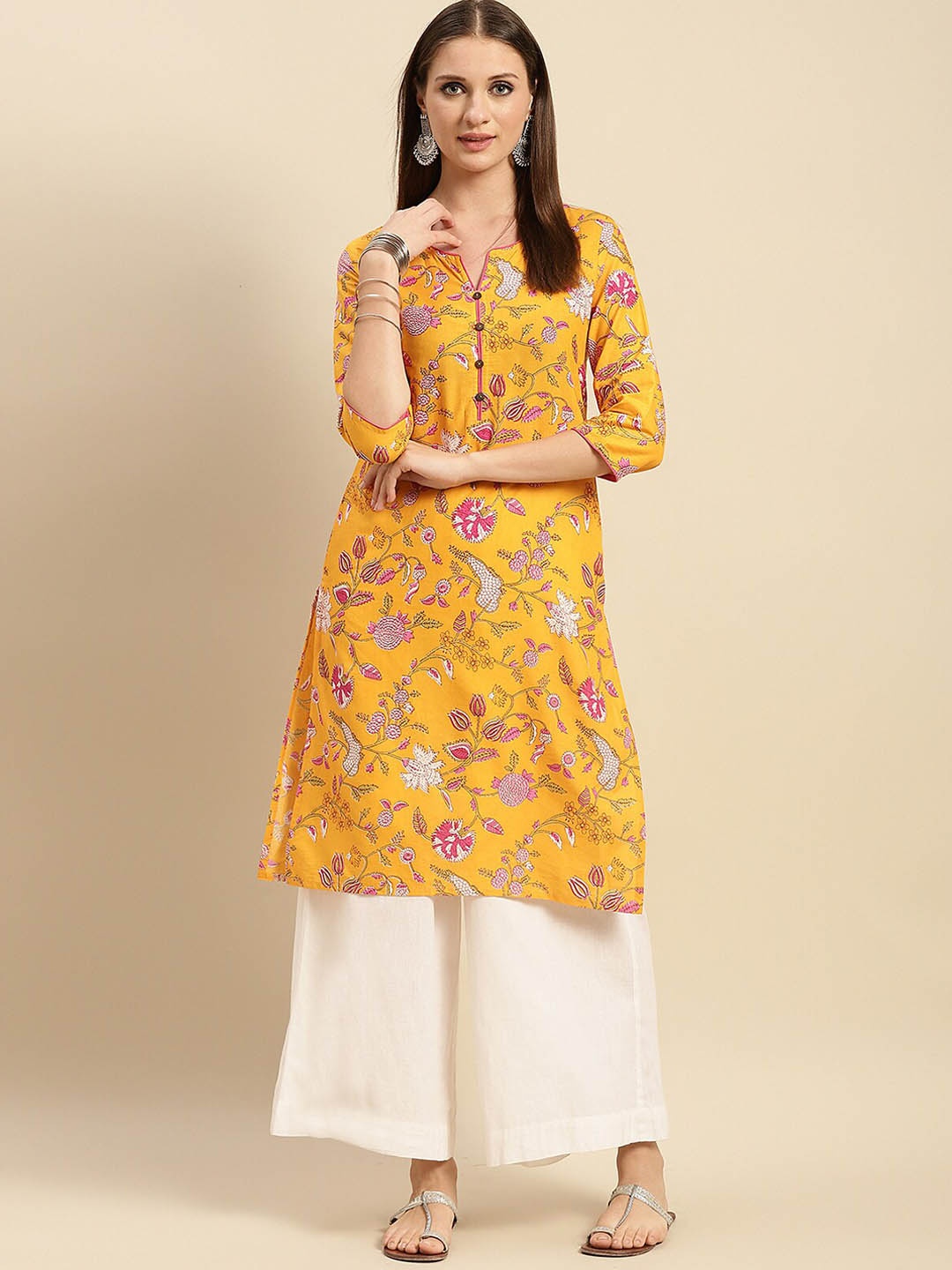 

Rangita Floral Printed Three-Quarter Sleeves Straight Cotton Kurta, Yellow
