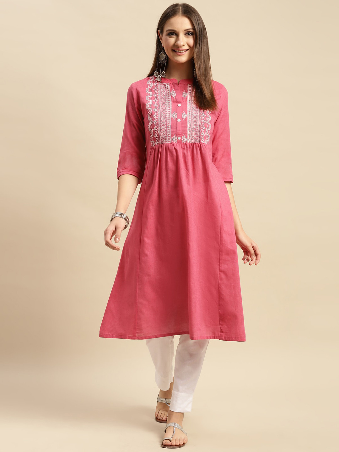 

Rangita Band Collar Thread Work Detail Panelled Pure Cotton A-Line Kurta, Pink