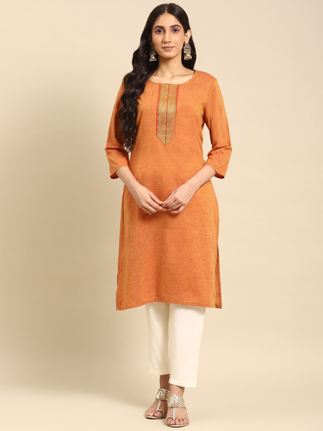 

Rangita Zari Detail Pure Cotton Straight Kurta, Orange