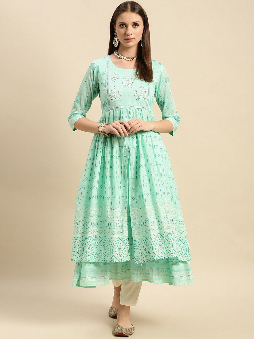 

Rangita Ethnic Motifs Printed Pure Cotton Layered Kurta, Green