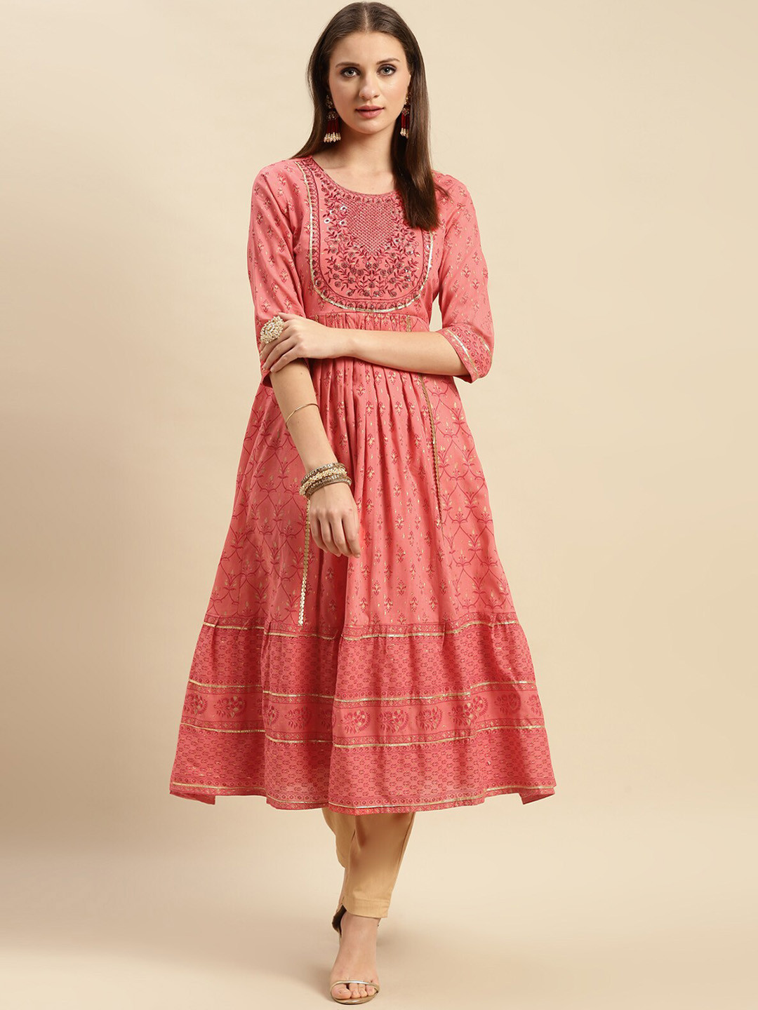 

Rangita Ethnic Motifs Printed Thread Work Pure Cotton Anarkali Kurta, Coral