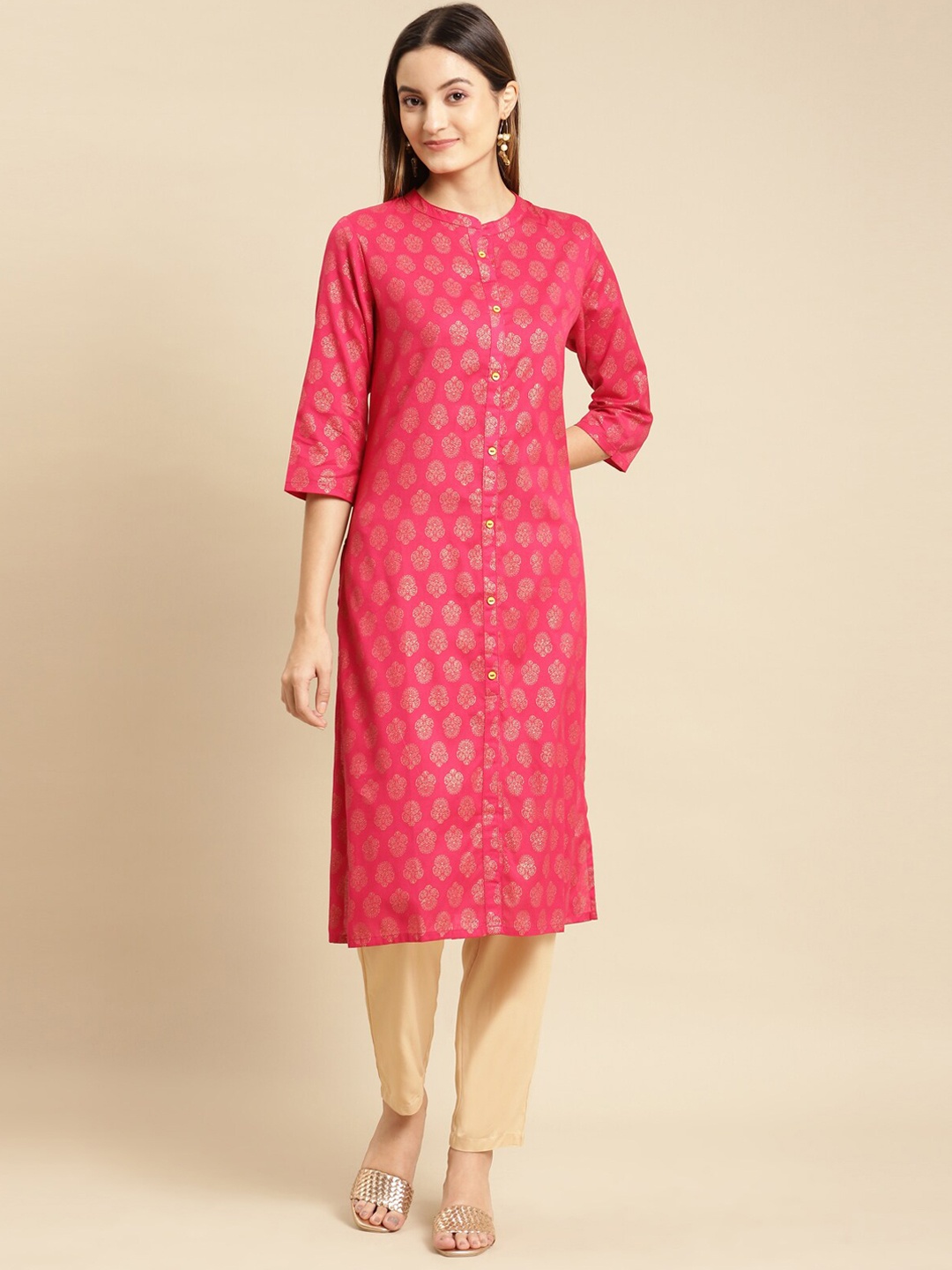 

Rangita Ethnic Motifs Printed Mandarin Collar Straight Kurta, Pink