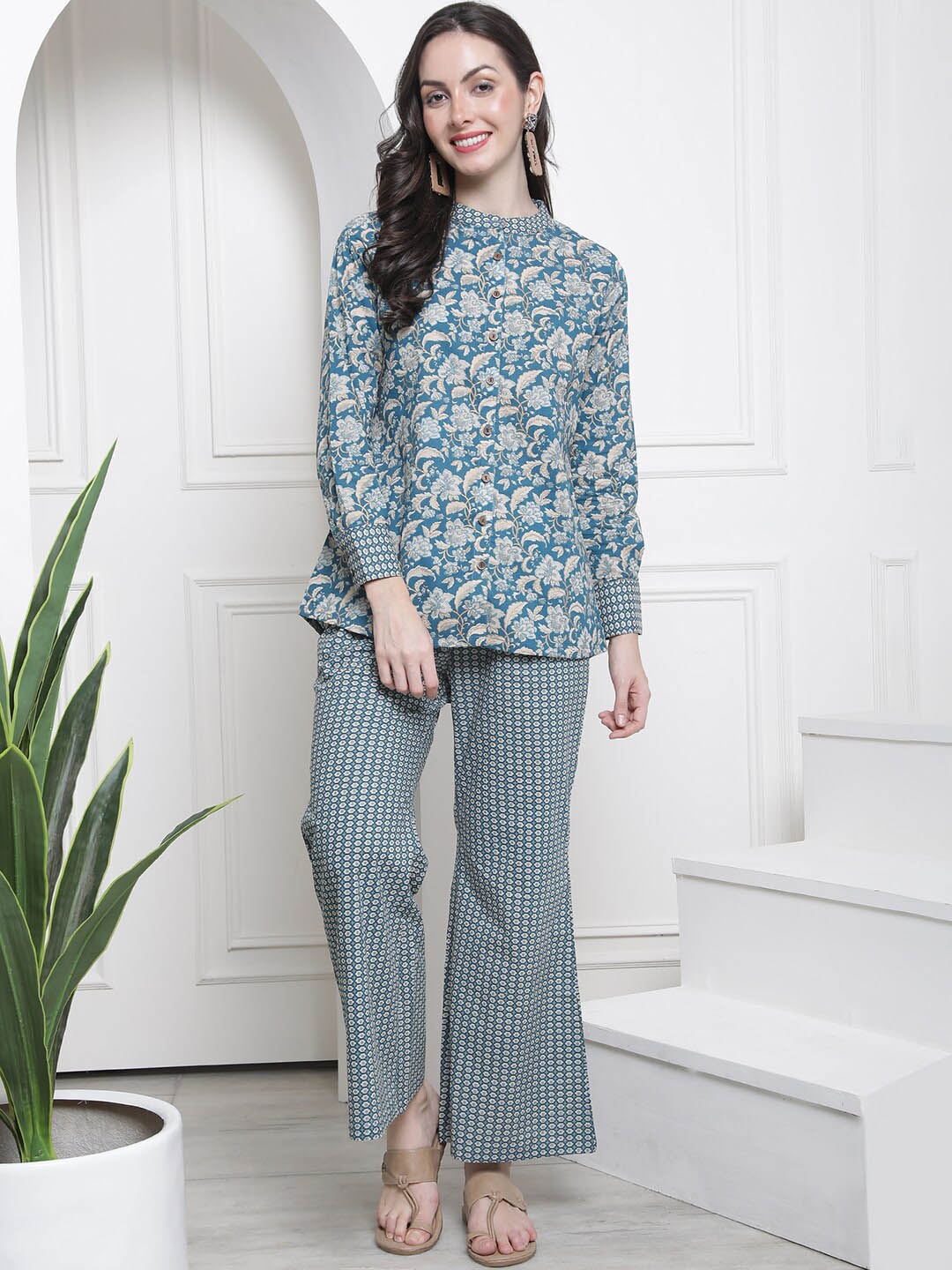 

Claura Ethnic Printed Pure Cotton Tunic & Palazzo, Blue