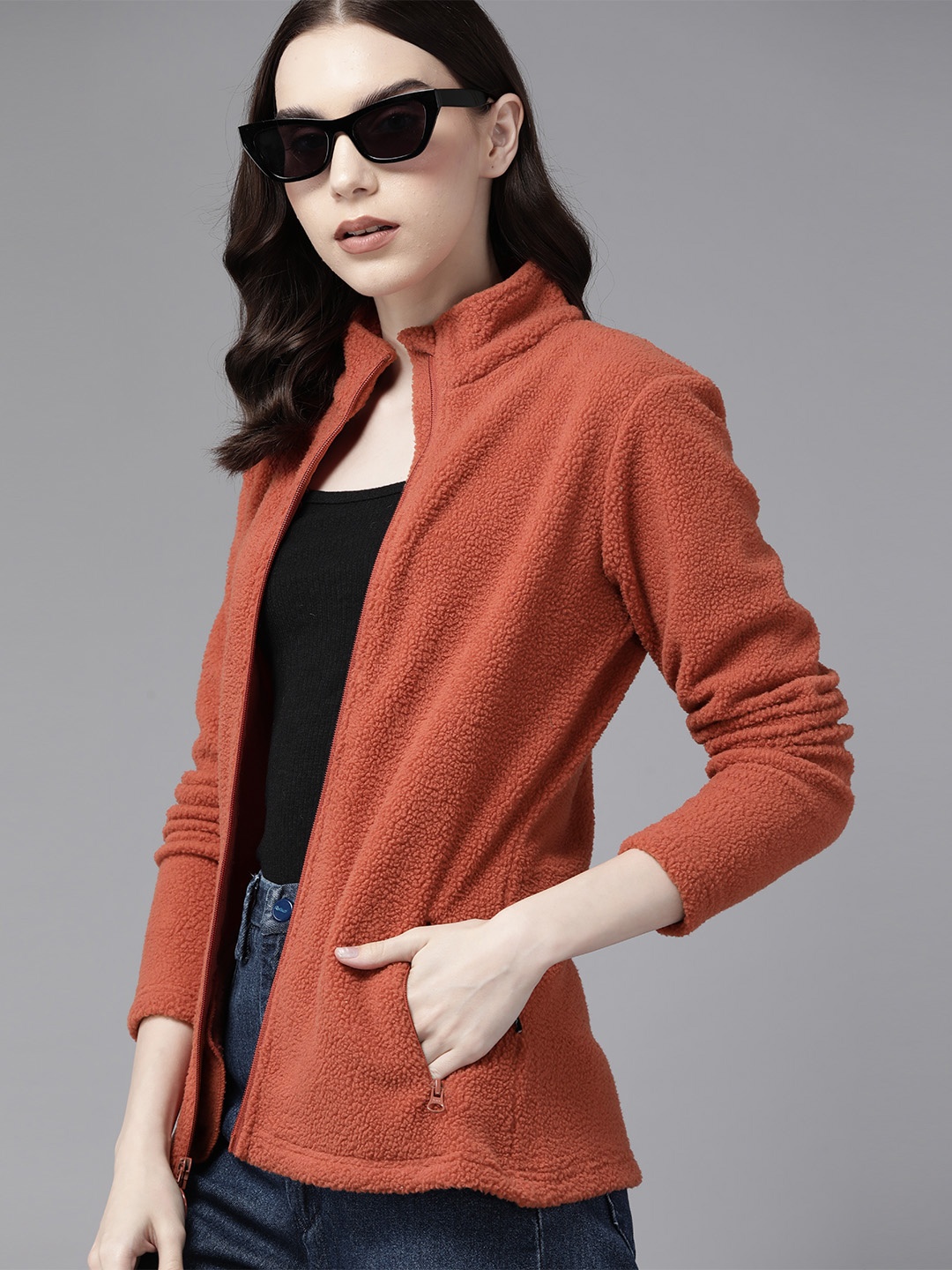 

Roadster Women Solid Front-Open Sweatshirt, Rust