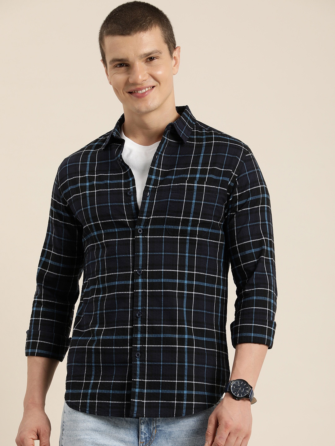 

HERE&NOW Men Slim Fit Opaque Checked Casual Shirt, Black