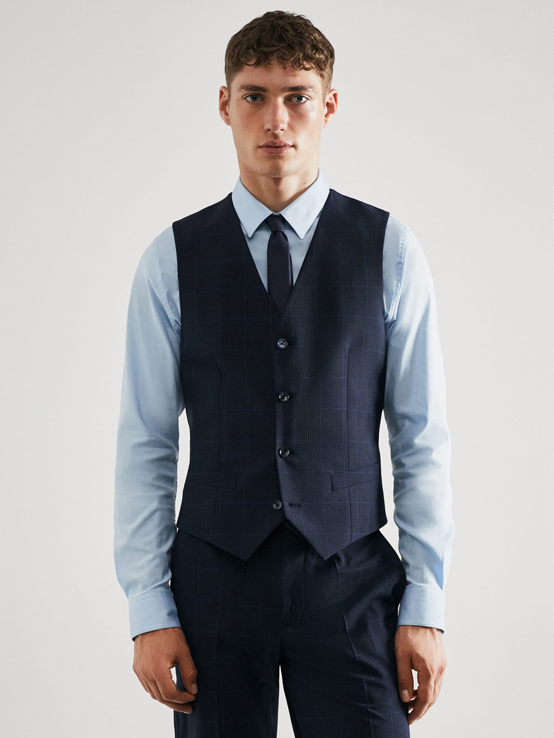 

MANGO MAN Super Slim Fit Checked Formal Waistcoat, Navy blue