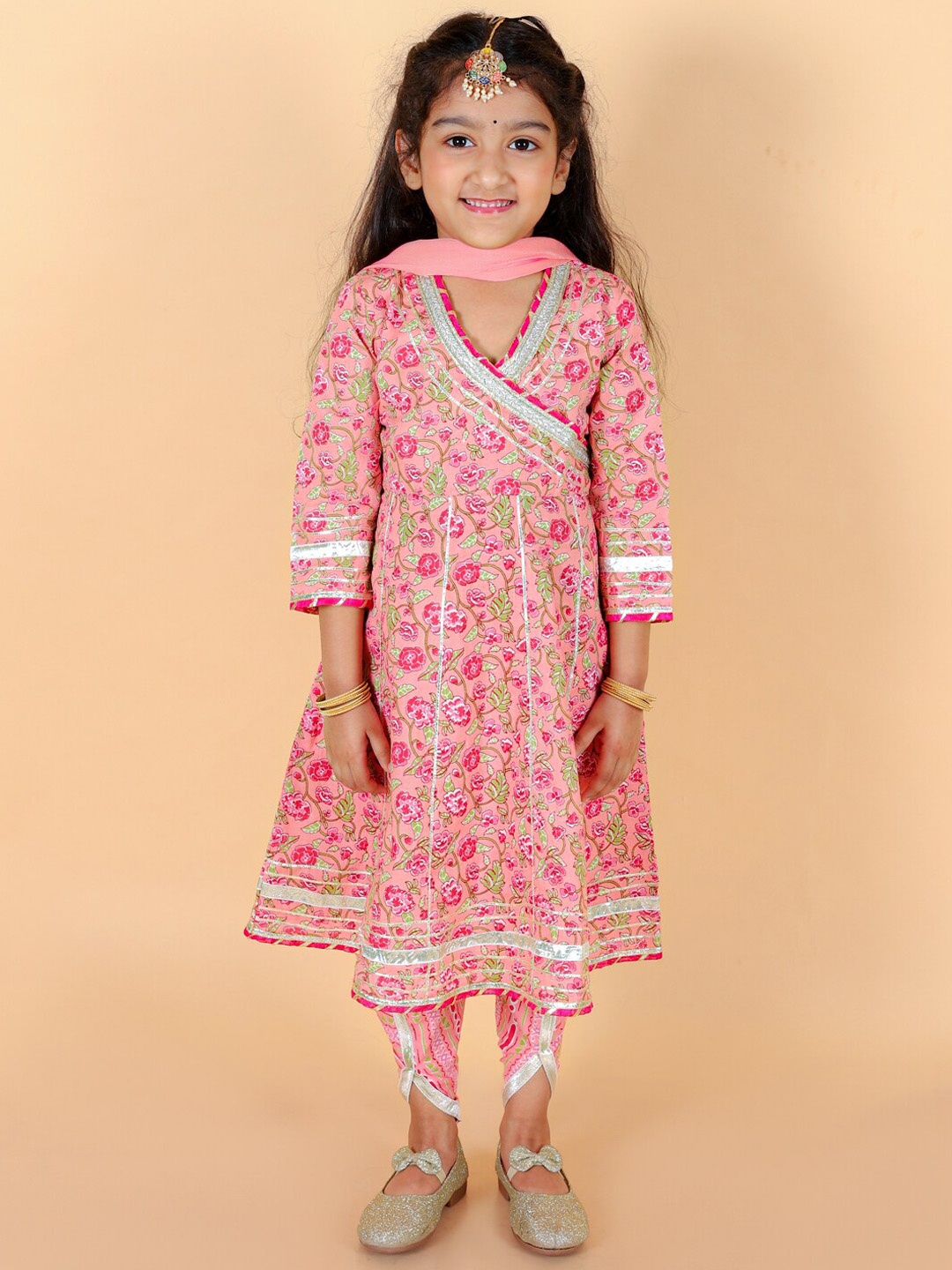 

Stuffie Land Girls Floral Printed Pure Cotton A-Line Kurta & Dhoti Pants With Dupatta, Pink