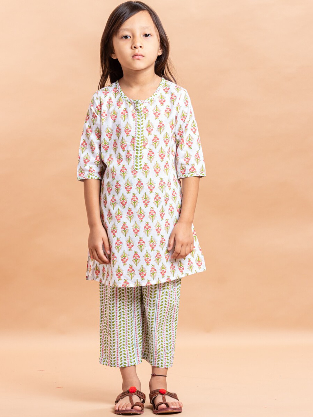 

Sangria Girls Printed Pure Cotton A-Line Kurta With Trouser, White