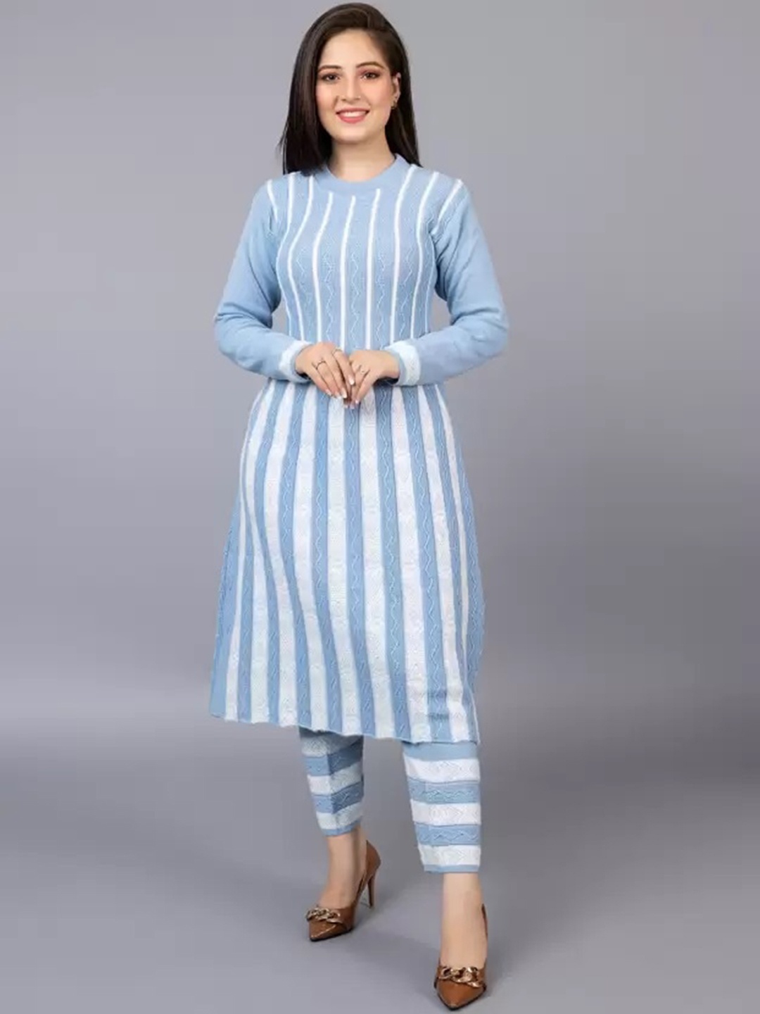 

SAMMYCO Striped Pure Wool A-Line Kurta With Trousers, Blue