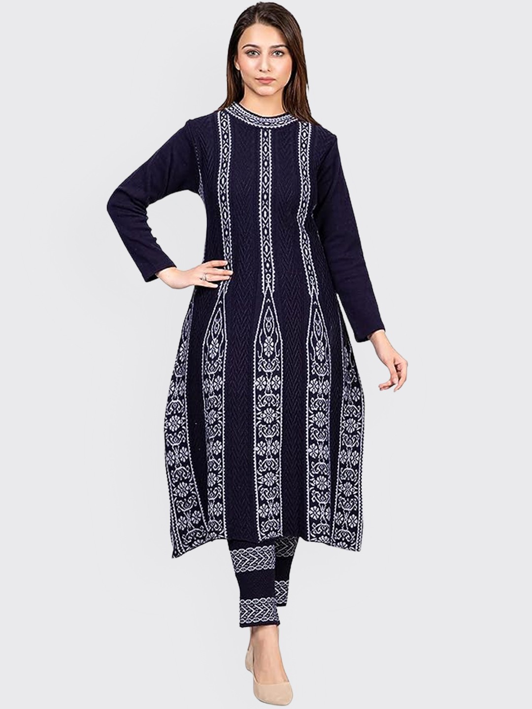 

SAMMYCO Ethnic Motifs Woven Design Pure Wool A-Line Kurta With Trousers, Navy blue