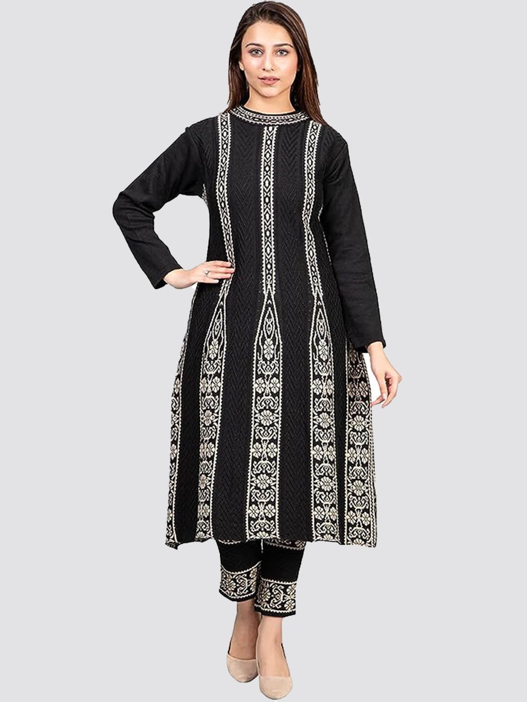 

SAMMYCO Ethnic Motifs Woven Design Pure Wool A-Line Kurta With Trousers, Black
