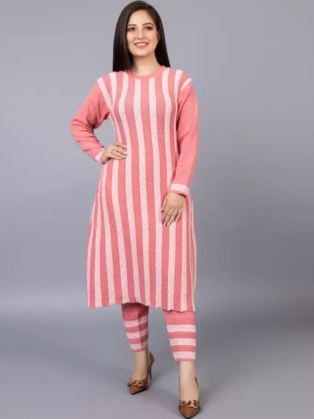 

SAMMYCO Ethnic Motifs Woven Design Pure Wool A-Line Kurta With Trousers, Peach