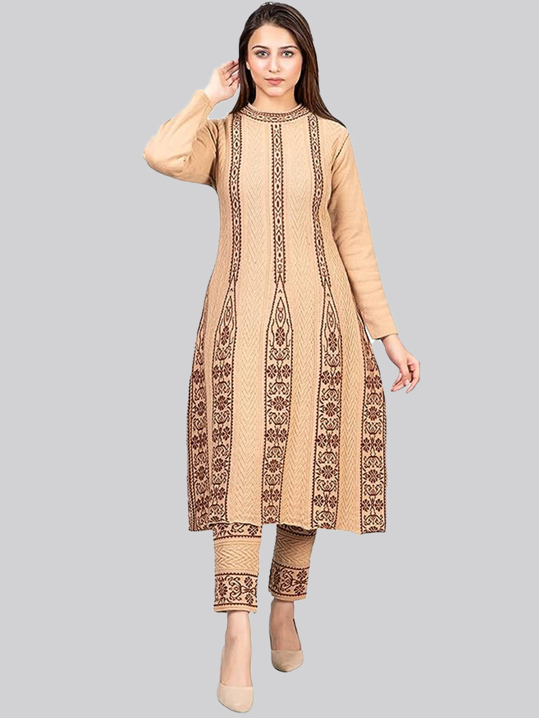 

SAMMYCO Ethnic Motifs Woven Design Pure Wool A-Line Kurta With Trousers, Beige