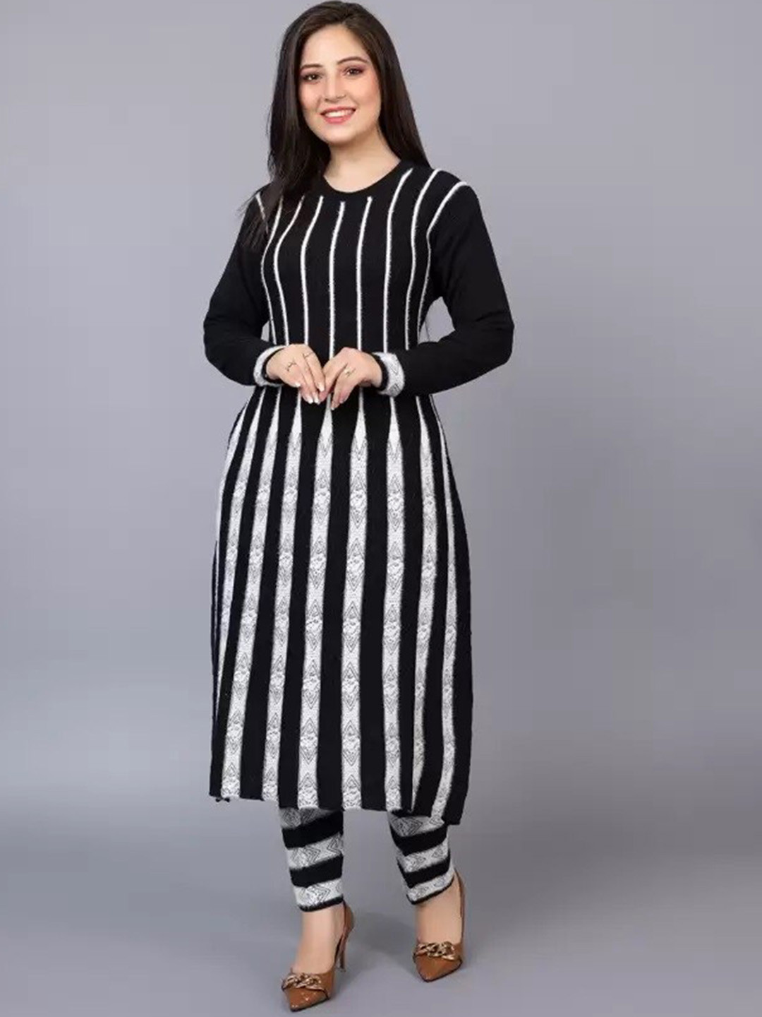 

SAMMYCO Ethnic Motifs Woven Design Pure Wool A-Line Kurta With Trousers, Black