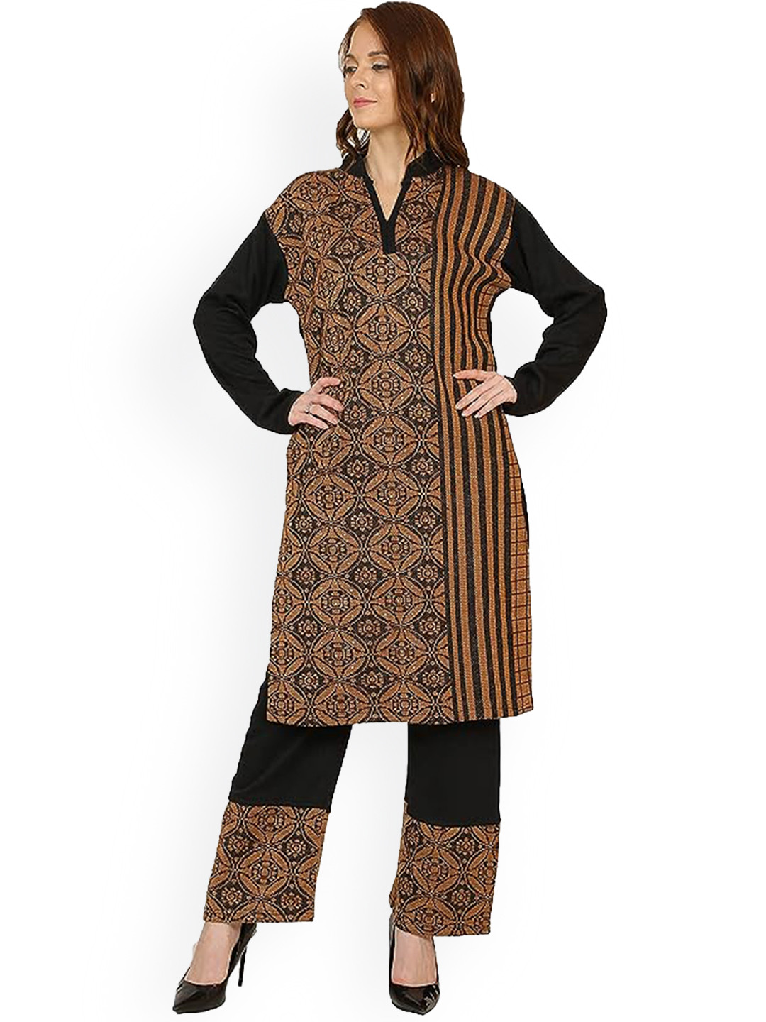 

SAMMYCO Ethnic Motifs Woven Design Pure Wool Straight Kurta And Palazzos, Brown